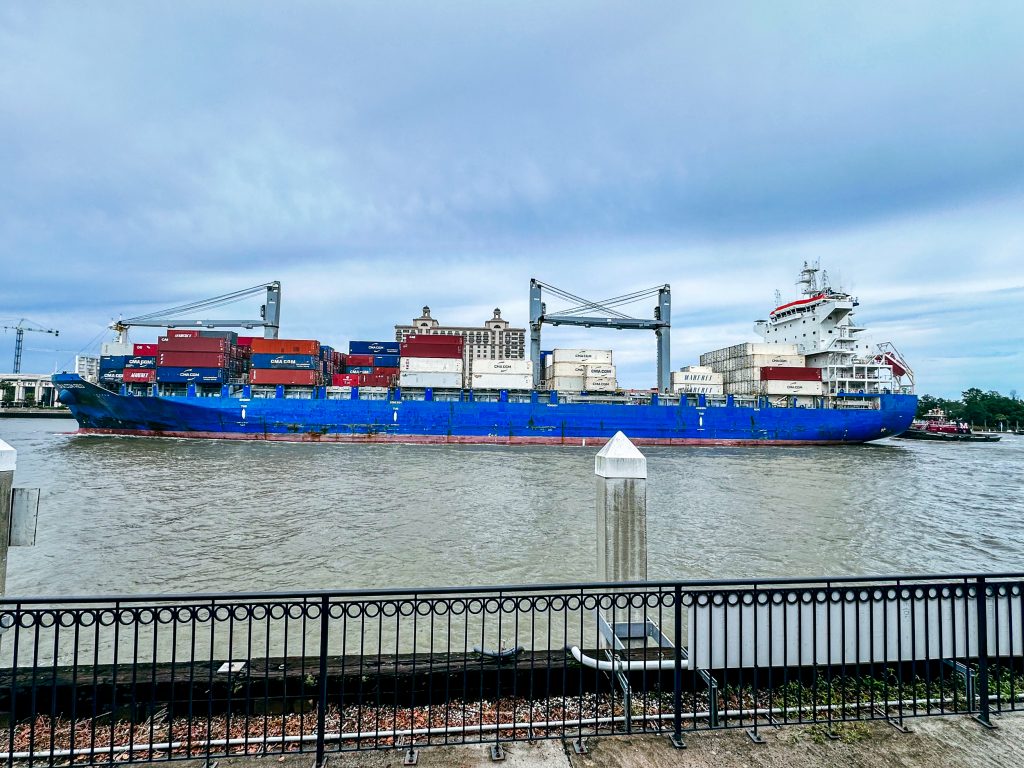 Cargo ship at Savannah's waterfront