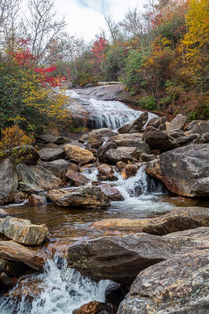 Waterfall and rocks in autumn in the Blue Ridge Mountains in Pisgah National Forest, North Carolina