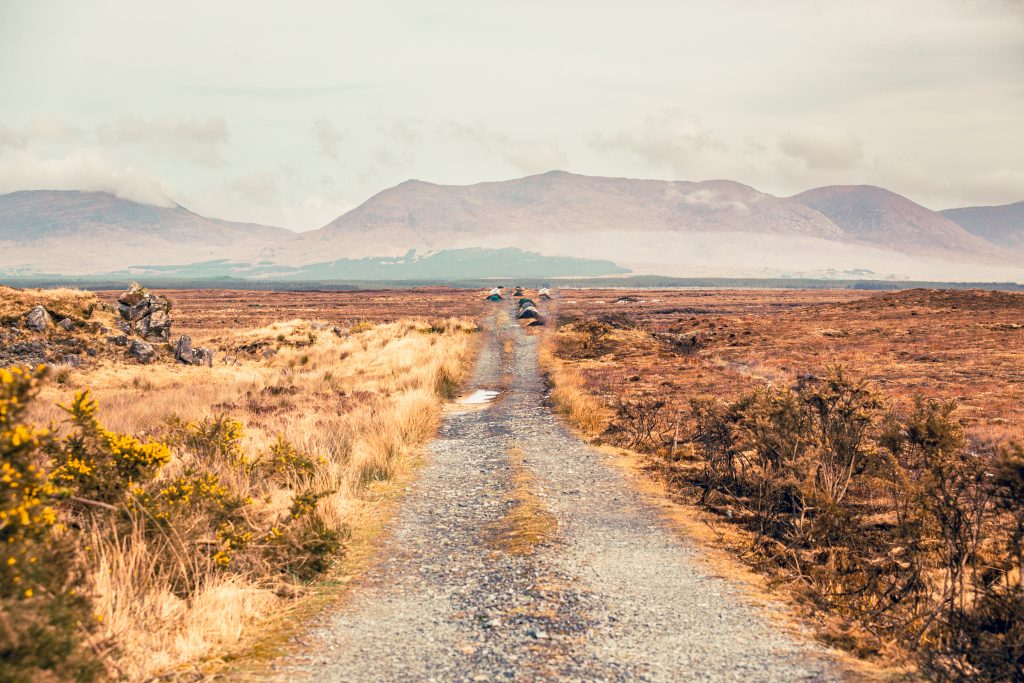 Ireland travel photography print of a lonely bog path leading to distant Connemara mountains by artist Ashley Mobley